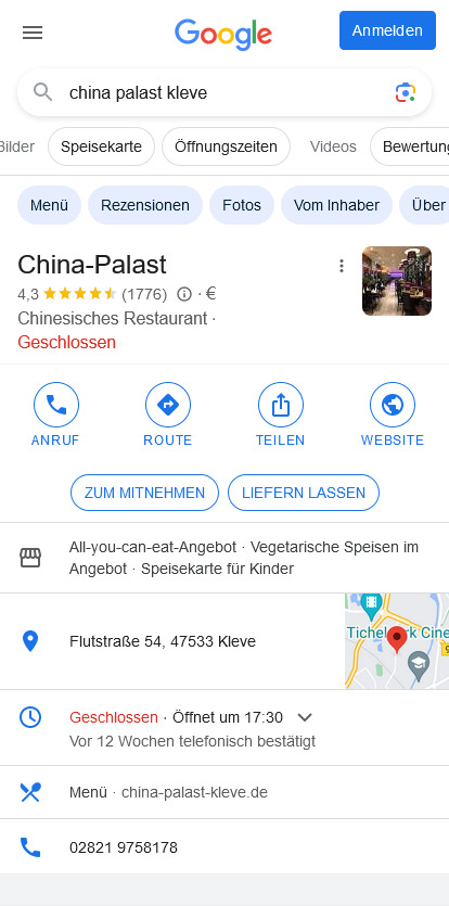 China Palast Kleve GMB Daten
